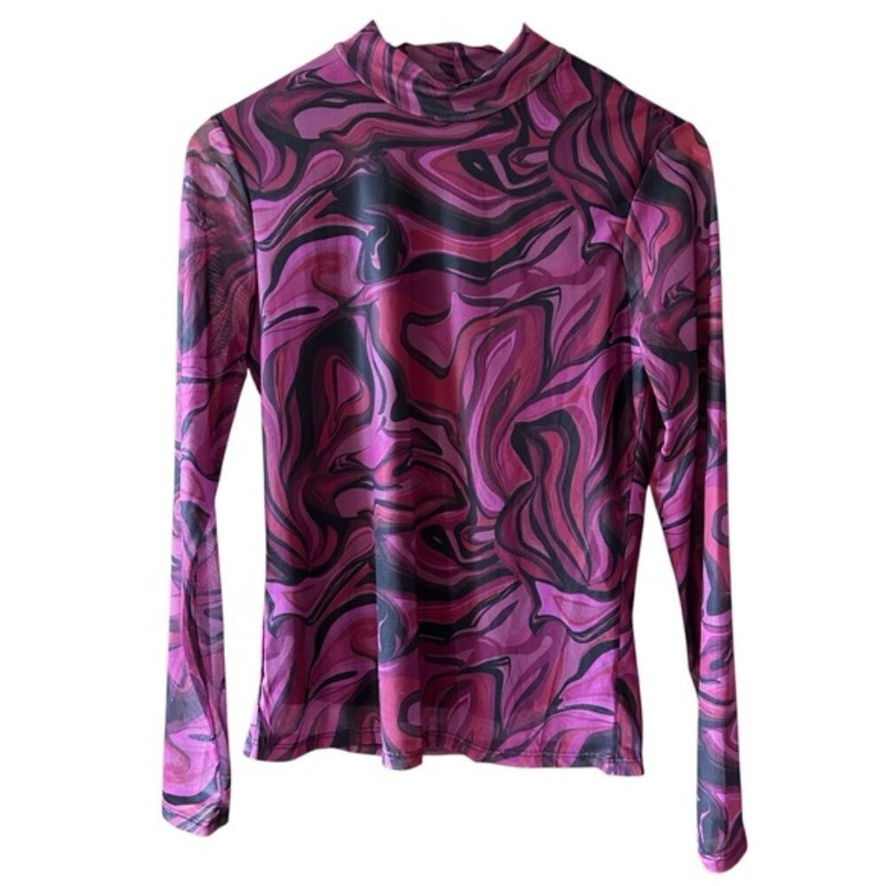 Suzy Shier Sheer Mock Neck Mod Psychedelic Red Pink Black Long Sleeves